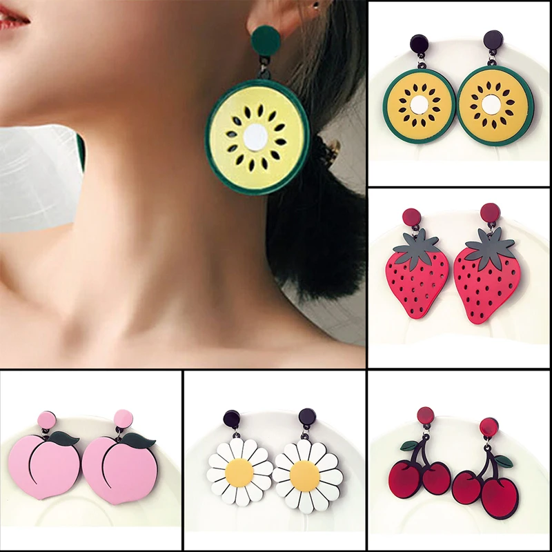 1Pair Large Fruit Drop Dangle Earrings Strawberry Watermelon Lemon Peach Cherry Kiwi Hook Earrings Women Jewelry Gift