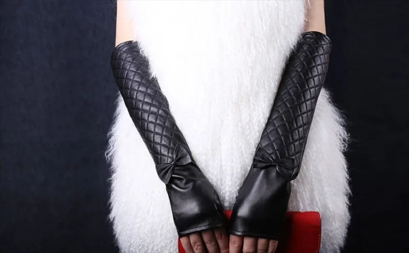 Новые зимние длинные кожаные перчатки женские из Италии из натуральной овчины Теплые перчатки с бантом для рук женские перчатки без пальцев Deri Eldiven
