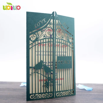 

free shipping 10set/lot Laser Cut Luxury Romantic Wedding Invitation With love birds gate with initial logo