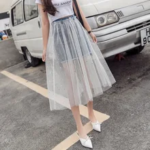 Джинсовая юбка из сетчатой ткани, новинка года, маленькая свежая юбка средней длины, летняя длинная юбка из джинсовой сетки с блестками