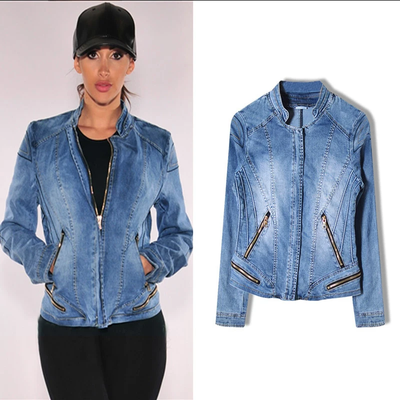 2018 Europe and the United States popular women's baseball jacket stretch denim jacket and more zipper motorcycle models have wild large size (5)