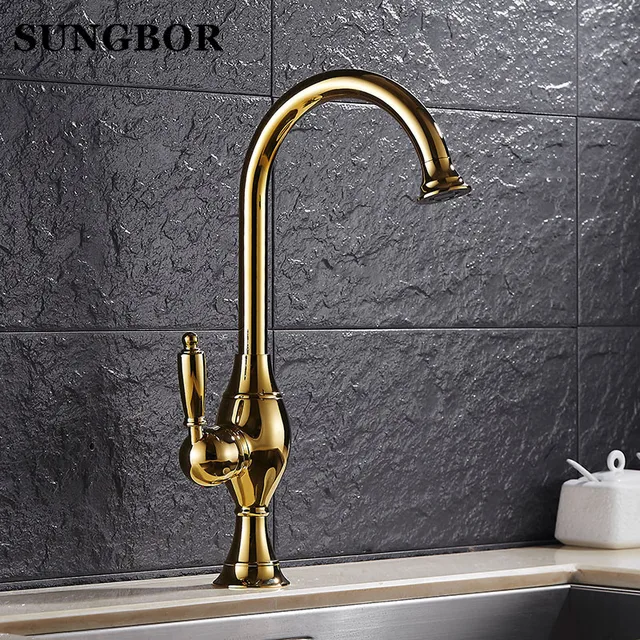 Best Offers European Golden kitchen faucet hot and cold vegetables basin rotating taps all copper antique kitchen sink faucet CF-9062K