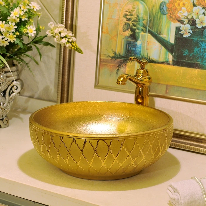 

Luxurious Golden Glazed Art porcelain Counter top Bathroom Sink wash basin