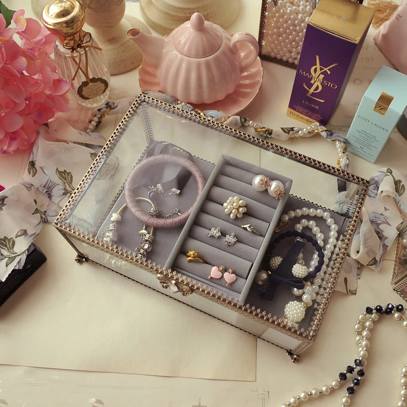 Ретро Изысканный стеклянная коробка для хранения Организатор Макияж Jewelry Кольцо