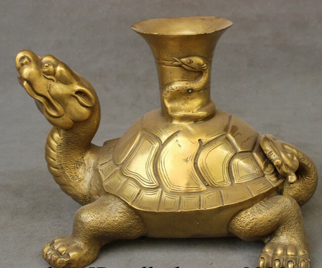 

bi002387 10" Chinese Pure Brass Copper Longevity Snake On Sea Turtle Statue Zun Pot Vase