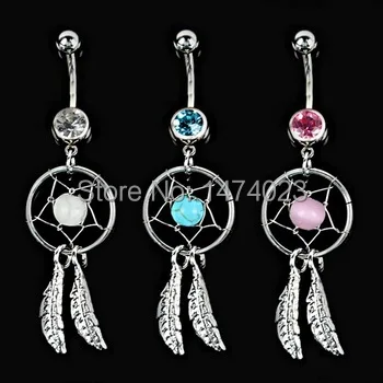 

New Product Fashion Eye-catching Body Piercing Jewelry Crystal Gem Dream Catcher Navel Dangle Belly Button Bar Rings Body Art