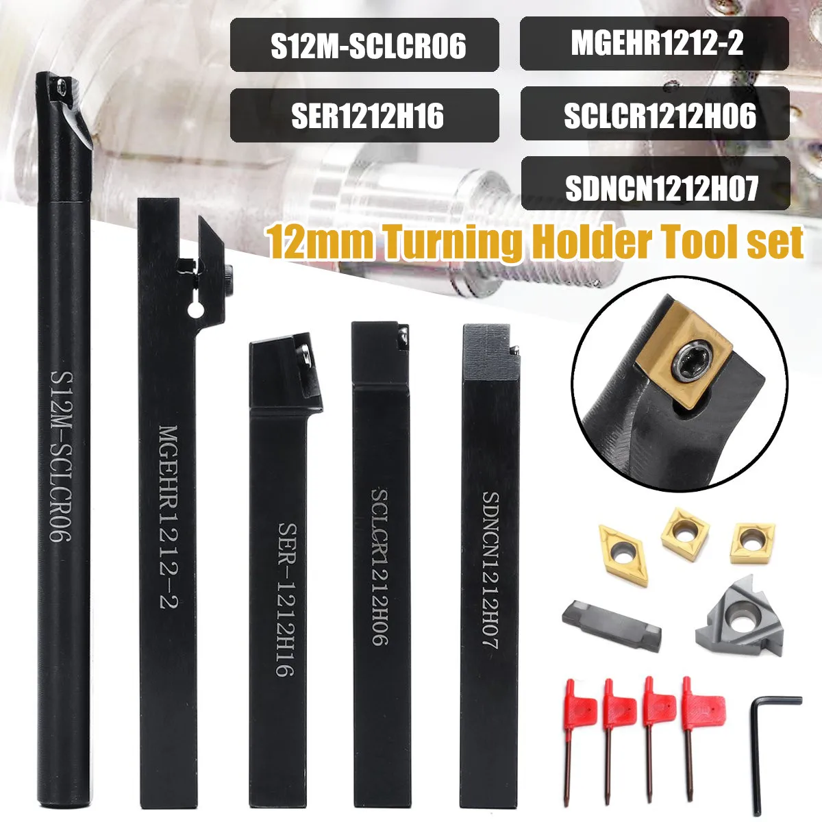 

12MM Shank 5Pcs Turning Holder Tool set With Blade&Wrench For Turning Tool Bench Lathe & CNC 40Cr Alloy Steel