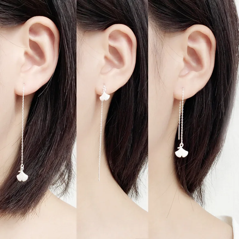 silver Ginkgo leaf ear line woman S925 Silver Jewelry fashion Hypoallergenic dangle earrings for women silver earrings woman