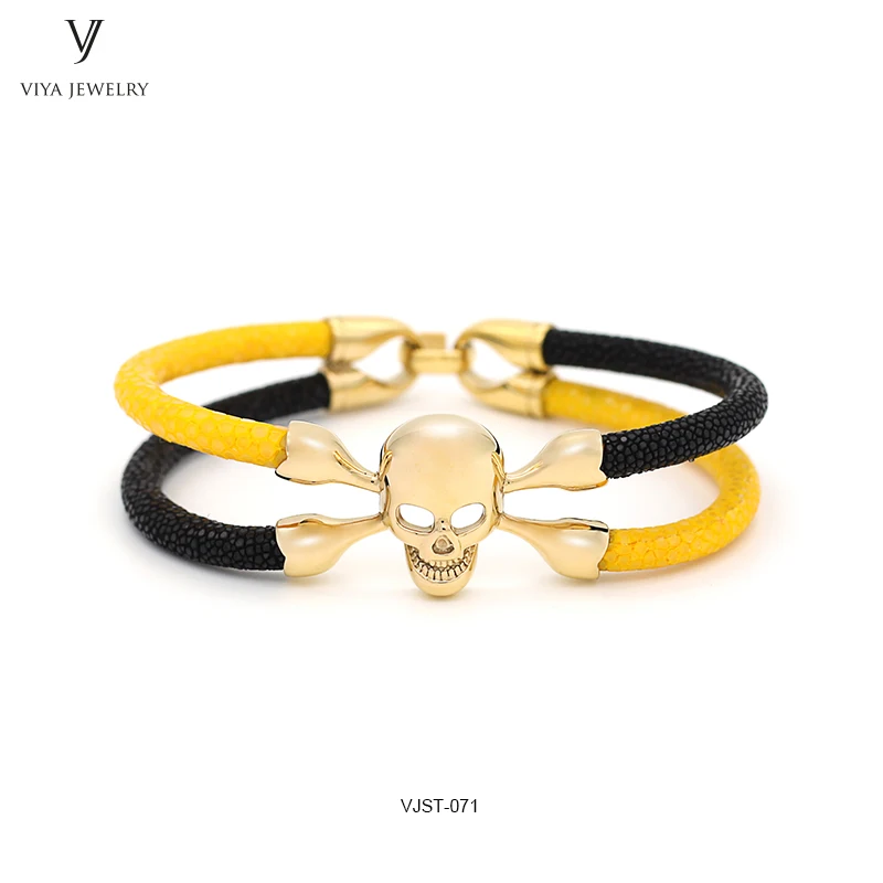 

Yellow&Black Stingray Leather Bracelets For Men DIY Handmade Stingray Leather Men Bracelet For Boyfriend With Luxury Gift Box