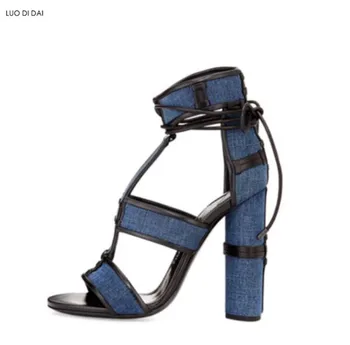 

2020 new women round heels party shoes summer gladiator sandals denim sandals lace up high heels open toe white sandals