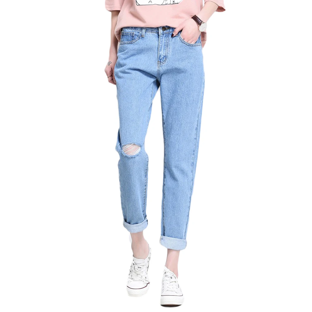 Весна и лето Свободные Высокая талия Девятый джинсы с дырками на колено женские тонкие штаны