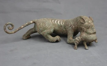 

USPS to USA S2863 Chinese Folk Collect Bronze silver-gilt Feng Shui Evil Tiger Eat Deer statuary