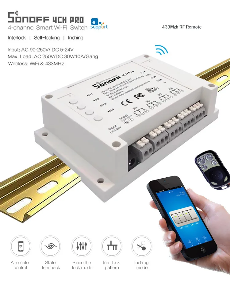 Sonoff 4ch pro-4Gang инчинг/самоблокирующийся/Блокировка 433 МГц RF WiFi беспроводной смарт-переключатель для дома автоматический светильник AC220V& DC5-24V