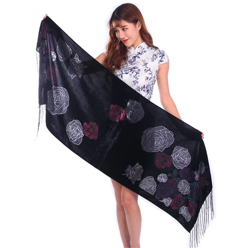 

High Quality Honour Velvet Rose Scarf Women Shawl For Wedding Daily Dress Lady Burnout Pashmina Spring Winter Gift For Mom Wife