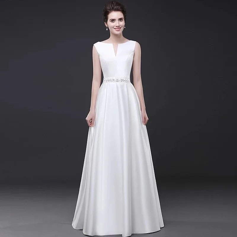 

Holievery Beaded Waist Satin A Line Wedding Dresses 2019 Boat Neck Long Wedding Gowns Lace Up Bridal Dress Floor Length