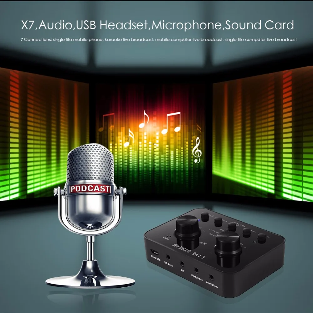 2019X7 الصوت USB ميكروفون سماعة الرأس البث الشبكي الشخصية الترفيه غاسل لايف كارت الصوت للهاتف الكمبيوتر PC