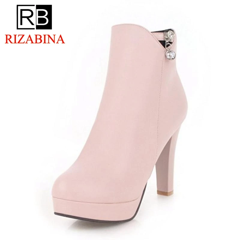 

RizaBina Size 34-43 Women High Heel Boots Winter Platform Warm Fur Shoes Woman Zipper Crystal Short Boots Ladies Shoes