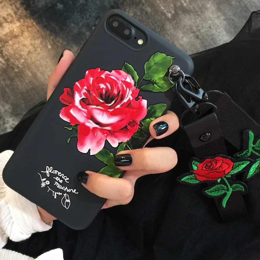

For iphone 7 7Plus Flower Case, Retro Rose Relief TPU Case For iphone X 6 6s 6splus 8 8plus black case with StrapS