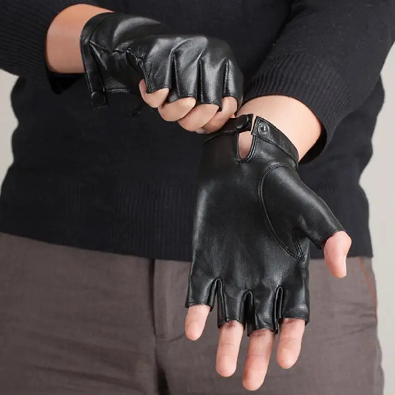 KURSHEUEL, модные мужские кожаные перчатки с полупальцами, натуральная кожа, перчатки для вождения, Женские однотонные черные митенки без пальцев, AGB158A - Цвет: black for men