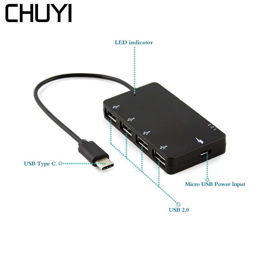 CHUYI 4 в 1 usb type C концентратор до 4 портов USB 2,0 концентратор переходник разветвитель+ OTG Micro usb зарядный порт для ноутбука планшета смартфона