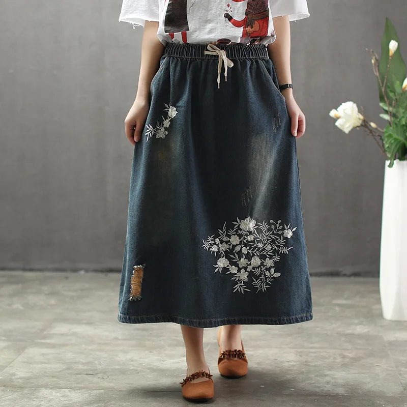 

Summer original retro ethnic style embroidery women denim skirt female elastic waist large size hole wash skirts long girl