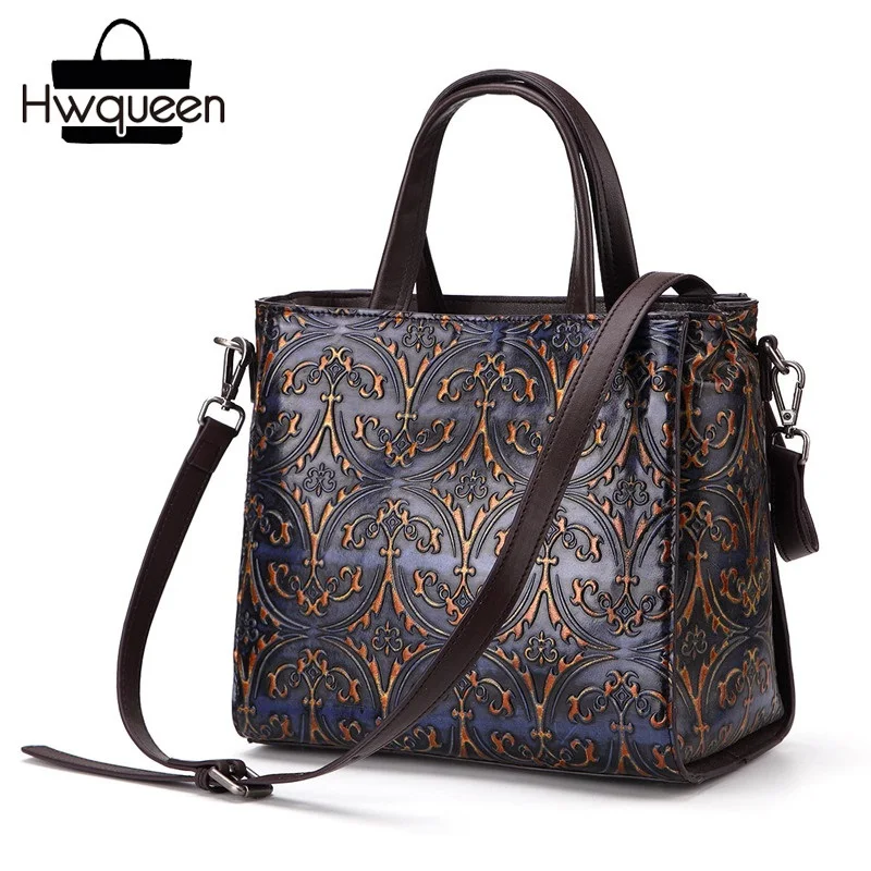 

Vintage Embossed Designer Genuine Leather Women Casual Totes Female Top-handle Handbag Zipper Closure Lady Single Shoulder Bag
