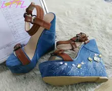 Summer Hot Crystal Side Women Fashion Blue Denim Sandals Brown Leather Buckles Ladies Sexy Wedge Heel High Quality Shoe