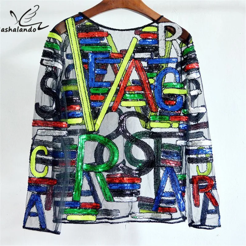 

Beading Sequined Shirt Women's Fashion Letter Beading Sequins Tops Long Sleeve Perspective Mesh Lace Tshirt for Women