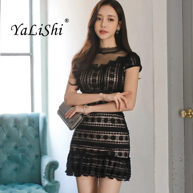 

2018 Summer Women Dress Short Sleeves Black Lace Dresses Bandage Bodycon Package Hip Ruffles Dress Sexy Party Vestidos De Festa