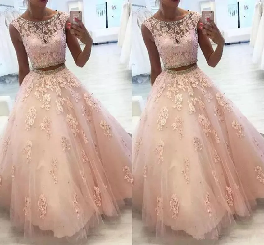 

Two Piece Lace Quinceanera Dresses With Beaded Crystal Tulle A Line Sweet 16 Gowns Corset Formal Dresses For 15 Year Prom gonw