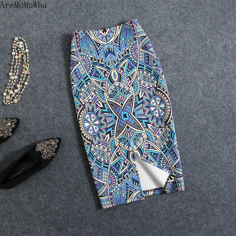 

AreMoMuWha Printed High Waist H-type Mid-length Professional Over The Knee After The Split Bag Hip Half-length Skirt LadiesMH121