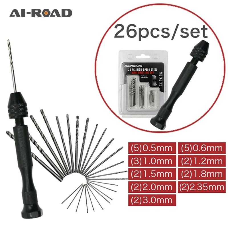 

Mini Micro Aluminum Hand Drill With Keyless Chuck +10pcs/25pcs High Speed Steel Twist Drills Rotary Hand Tool Wood Drilling