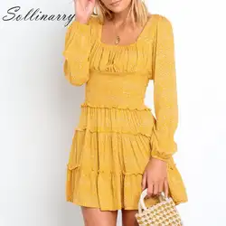 Sollinarry/Желтое Короткое платье с квадратным воротником для женщин; сезон осень-зима; тонкие платья с длинными рукавами и рюшами; женское