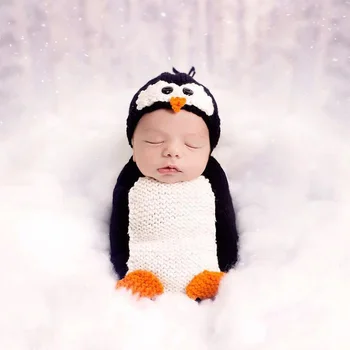 

New born baby photography props penguin baby photo costume newborn studio shooting knitted outfits toddler picture accessories