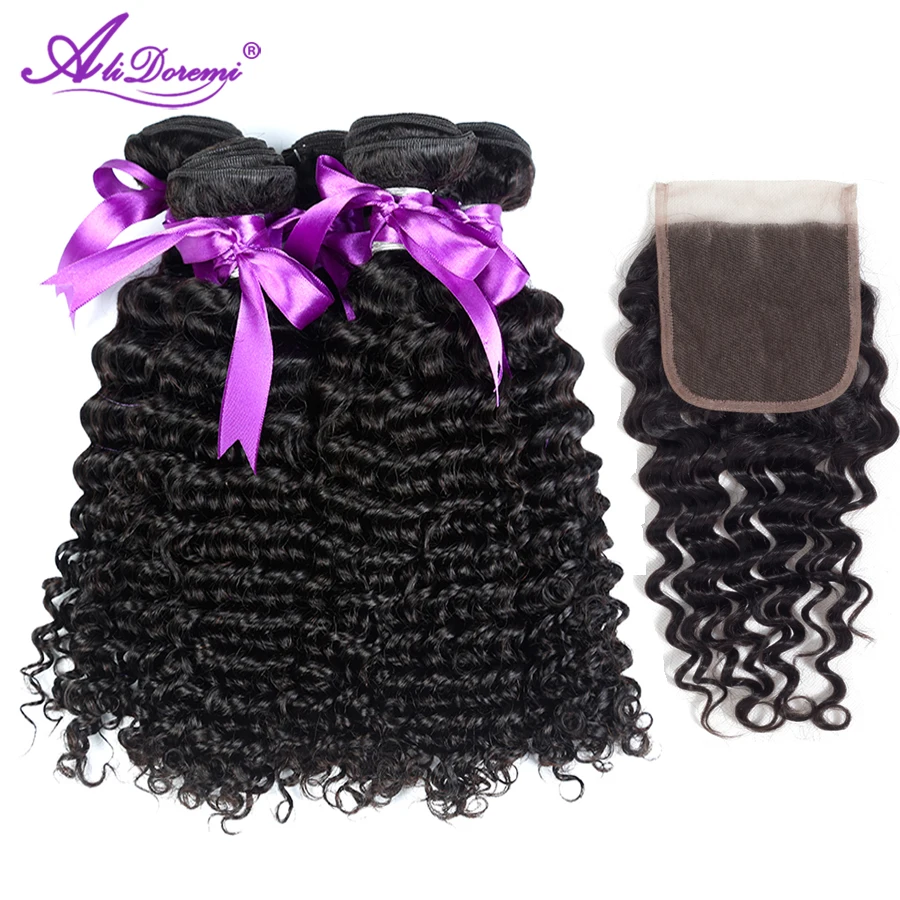 

Alidoremi brazilian Deep Wave 4 Bundles With Free Middle Three Part Lace Closure Non remy Natural Color 100 Human Hair Weave
