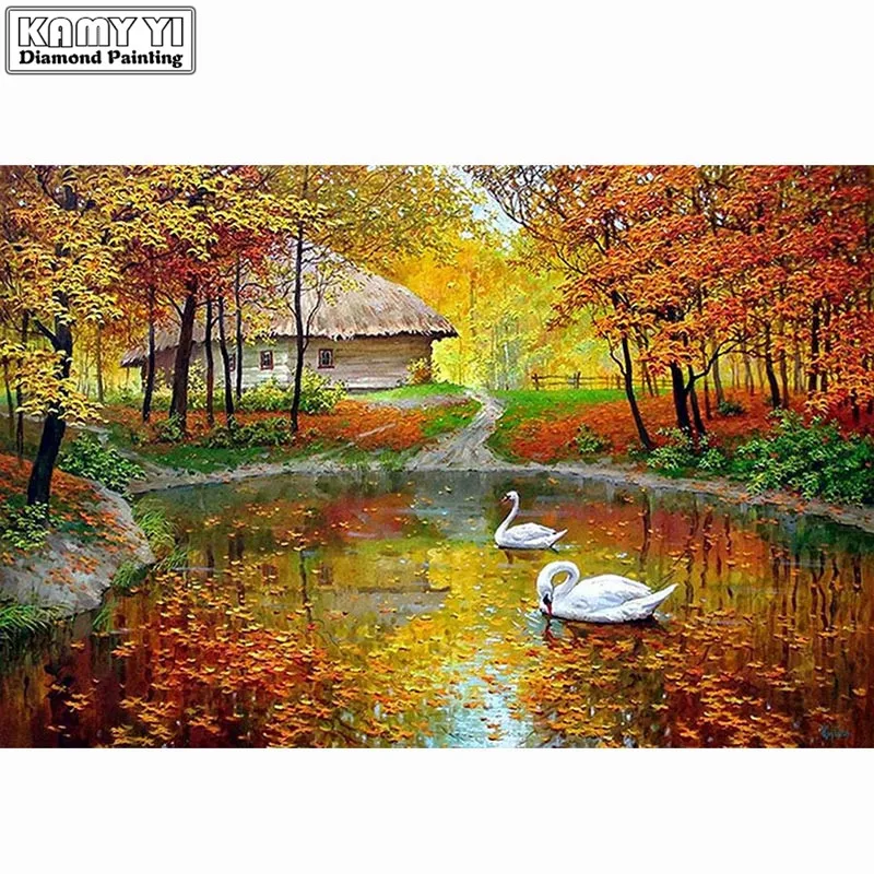 

New 100% Full Round Drill 5D Diy Diamond Painting Cross Stitch Mosaic Wall Decoration Swan Scenery Diamond Embroidery XY20