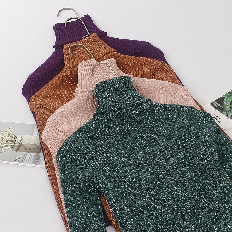 

BYGOUBY Glitter Autumn Winter Women Sweater Turtleneck Knitted Slim Jumper Top High Elasticity Basic Pullover Sweater