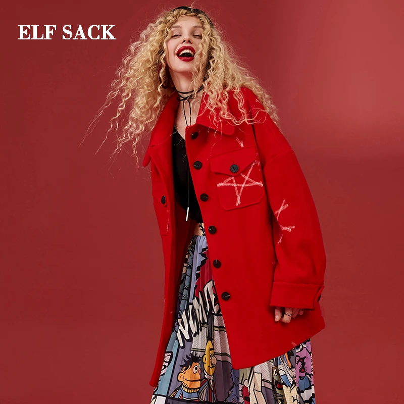 ELFSACK зимняя новинка Красная Женская куртка шерстяное пальто полное повседневное