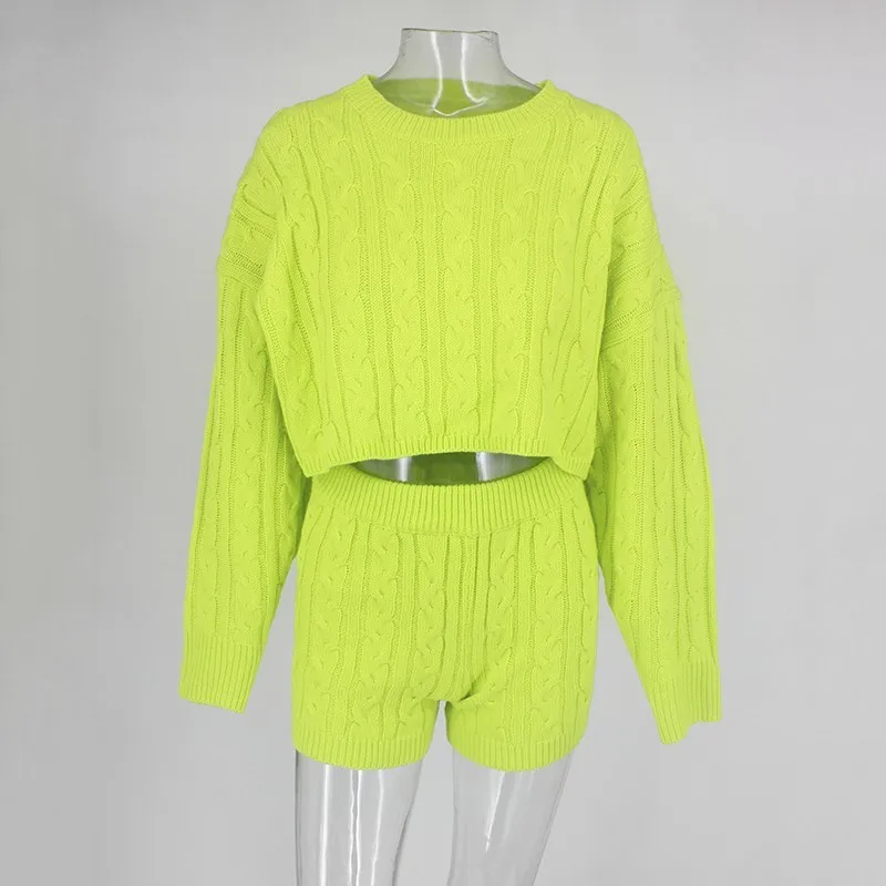 Ohvera, зимний комплект из двух предметов, вязаный свитер с длинным рукавом, топы и обтягивающие шорты, костюм, сексуальная одежда для Женский комплект 2 шт - Цвет: Зеленый
