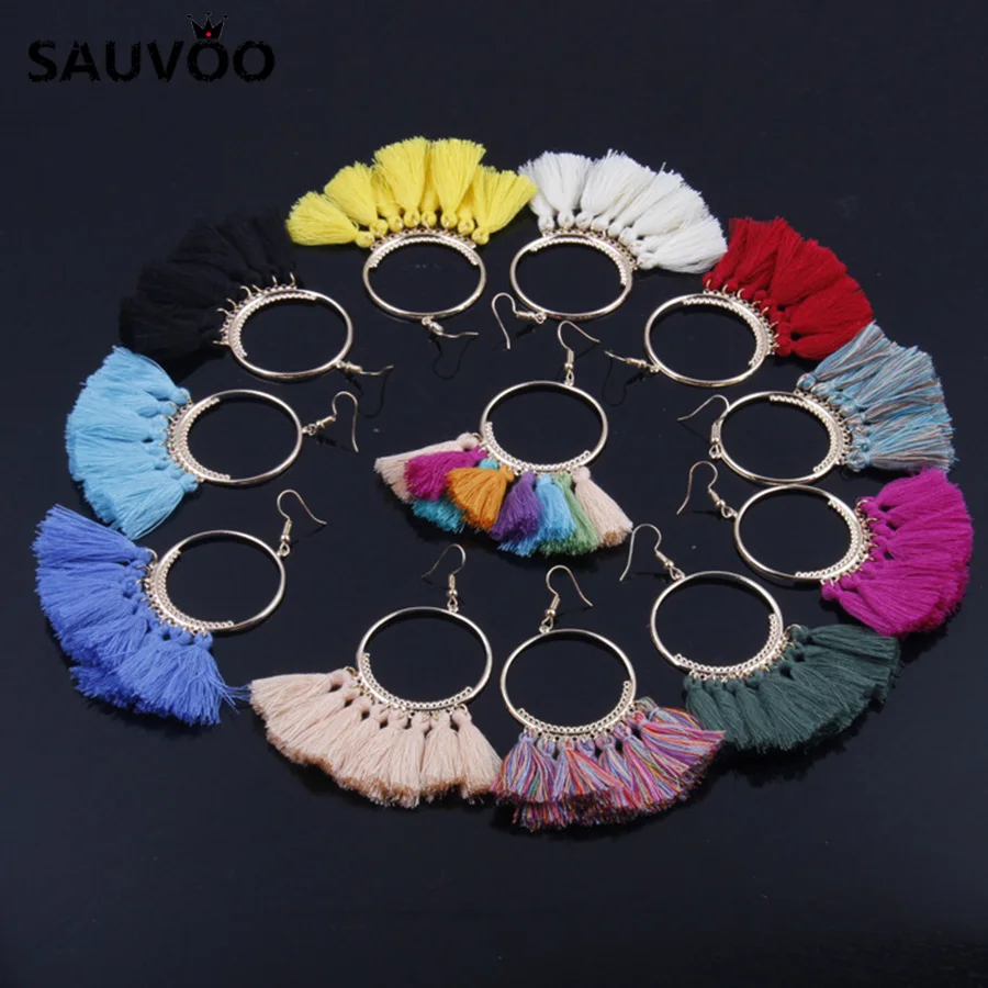 

Sauvoo Fashion Bohemian Tassel Fringe Earrings Women Lady Big Round Pendant Dangle Drop Earring Handmade Jewelry Gifts