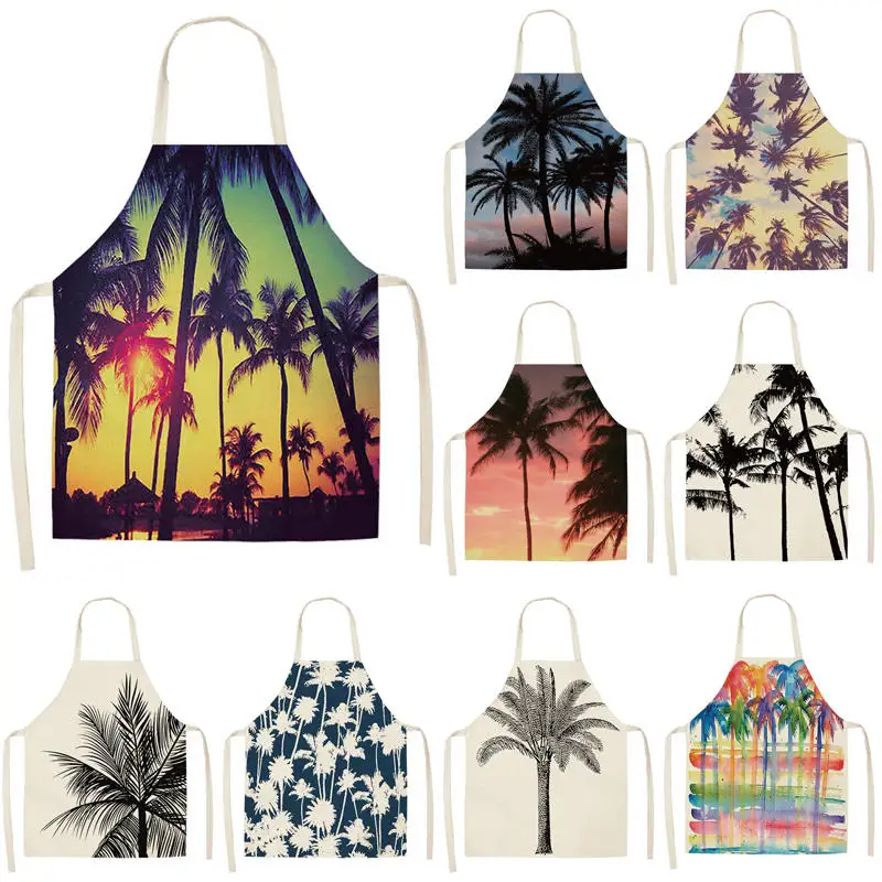 

1Pcs Coconut Tree Plant Printed Cotton Linen Apron Bibs for Women Barbecue Cooking Baking Kitchen Cleaning Aprons 53*65cm WQ0012