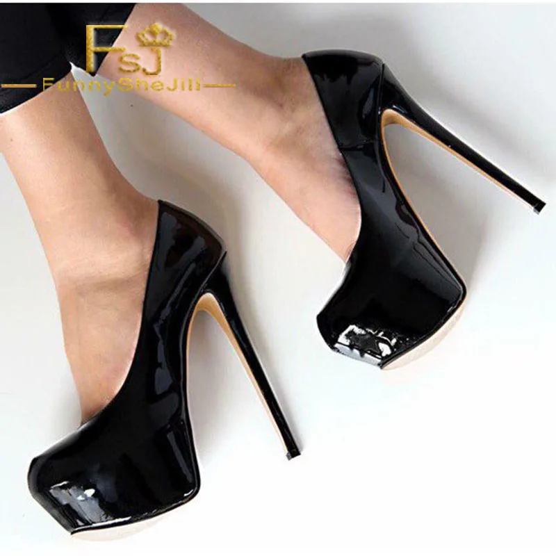 Black Platform Heels Patent Leather Dress Shoes Stiletto Heels Pumps Slip-On Spring Autumn Fashion Women Shoes FSJ Sexy Elegant