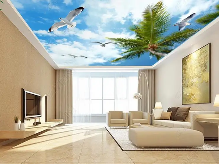 1808 голубь Летающий вокруг голубого неба и кокосовой пальмы печати стрейч потолок пленка для мастерской украшения потолка