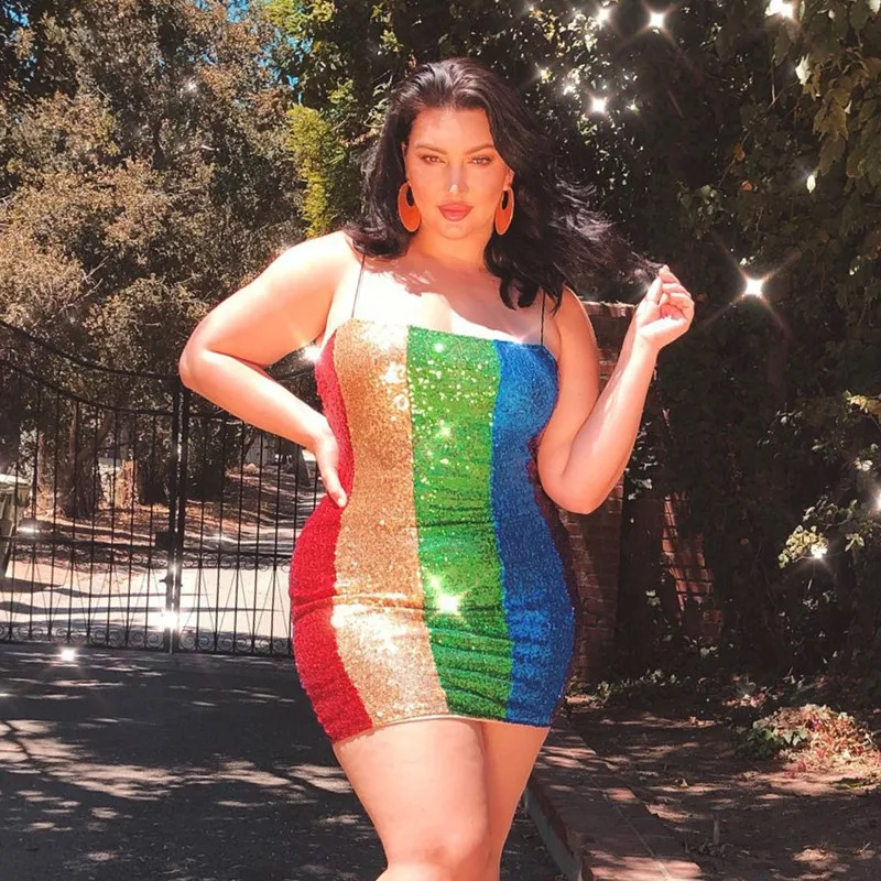 

Sexy Plus Size XL-XXXXL Halter Dresses For Women's Colorful Sequins Stripe Pencil Dress Night Club Clothes Evening Clubwear