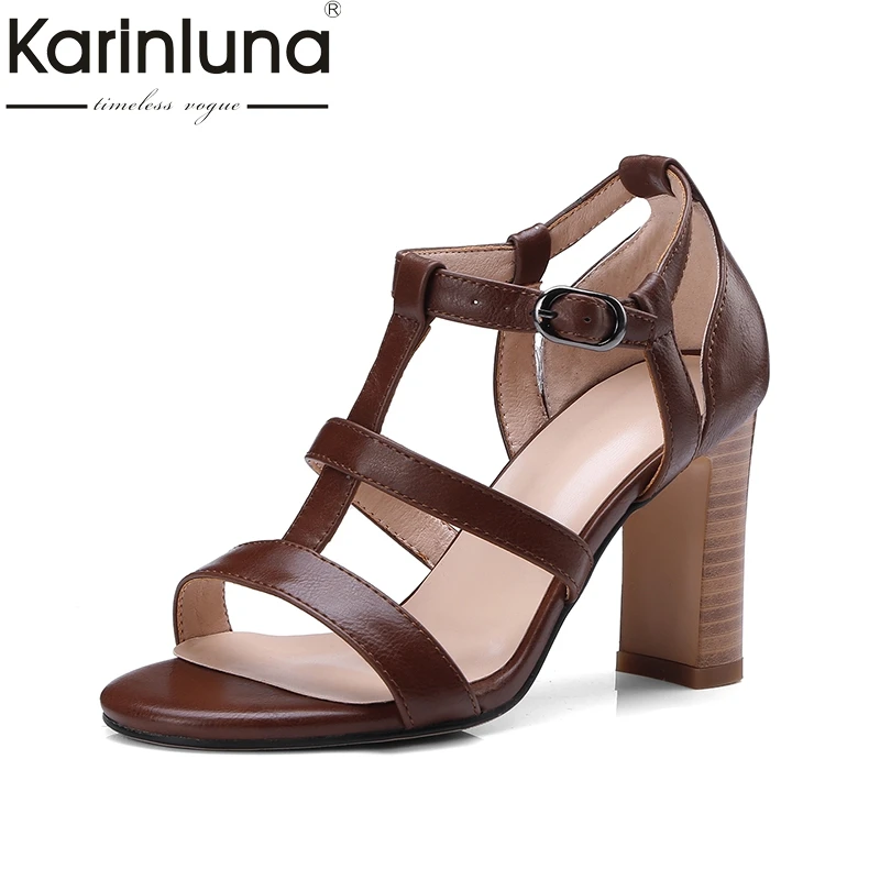 

KARINLUNA 2018 top quality big size 34-43 T-strap woman shoes woman sandals square high heels leisure summer sandal