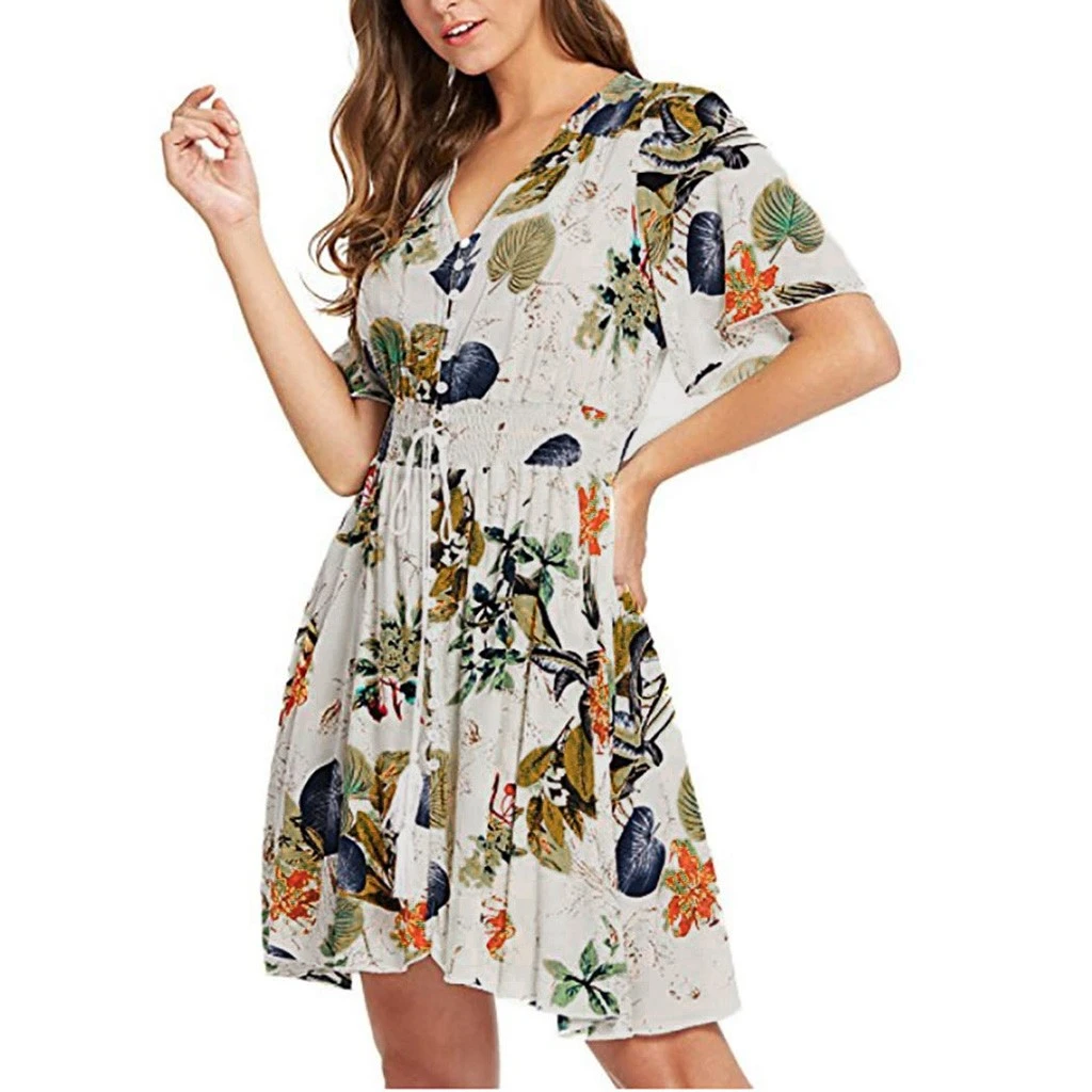 Vestido Mujer verano 2019 vestido moda mujer manga corta botón Split Floral estampado floreado vestido de fiesta Y614|Vestidos| - AliExpress