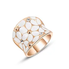 

BOAKO Vintage Austrian Crystal Flower White Enamel Wedding Ring Rose Gold Color Love Wide Engagement Rings Bridal Jewelry Z4