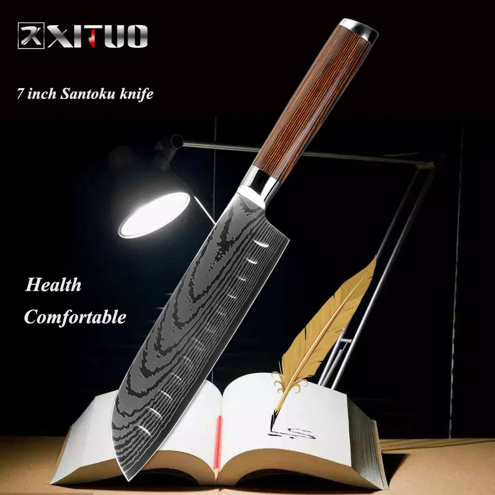 XITUO " дюймовый нож шеф-повара 7" японский нож Santoku замороженный нож для хлеба зубчатый 3," инструмент для очистки овощей Универсальный антипригарный нож дерево - Цвет: 7 in santoku knife