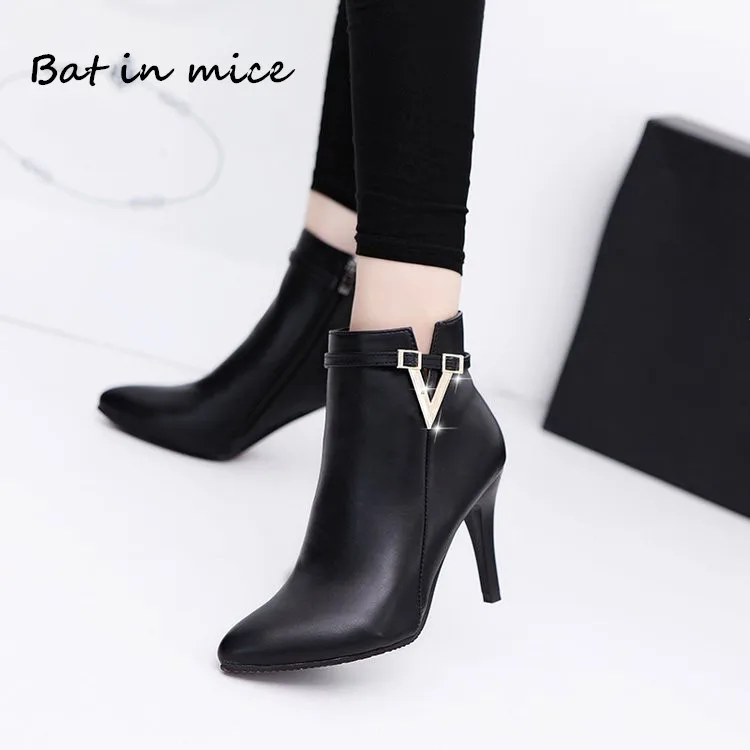 

Autumn Winter women Stiletto Thin High Heels Pointed Toe Faux Leather Zipper Martin Ankle Boots shoes 2 Style Womens mujer W436