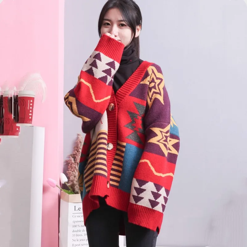 

2019 Spring Fashion Women's Long Sweater Cardigan V-neck Retro Casual Knit Loose Lazy Wind Korean Coat Sweater